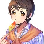  apple_brk bad_id bad_pixiv_id brown_eyes brown_hair buttons closed_mouth face idolmaster idolmaster_cinderella_girls leaf looking_at_viewer oikawa_shizuku shirt short_hair simple_background smile solo striped striped_shirt sweater_around_neck unbuttoned unbuttoned_shirt upper_body vertical-striped_shirt vertical_stripes very_short_hair white_background 