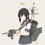  artist_name black_hair braid crown dated directional_arrow from_side grey_background grey_eyes holding holding_weapon isonami_(kantai_collection) kantai_collection kawashina_(momen_silicon) long_hair looking_at_viewer machinery no_legs pleated_skirt school_uniform serafuku short_sleeves sidelocks simple_background skirt smile solo teeth turret twin_braids weapon 