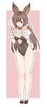  animal_ears aster_(granblue_fantasy) bangs bare_legs black_footwear black_leotard bow bowtie brown_eyes brown_hair bunnysuit cameltoe covered_navel detached_collar erune eyebrows eyebrows_visible_through_hair flat_chest full_body granblue_fantasy hair_ornament koza_game leotard long_hair no_nose outline oversized_breast_cup red_bow shoes solo standing thigh_gap 