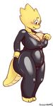  alphys angstrom anthro big_breasts blush bodysuit breasts cleavage clothed clothing eyewear female glasses lizard reptile rubber scalie signature simple_background skinsuit solo source_request tight_clothing undertale video_games white_background zipper 