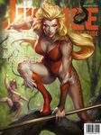  2014 abs artgerm barefoot blonde_hair boots branch breasts brown_hair cheetara cleavage clothed clothing cover crossover english_text female footwear hair holding_object holding_weapon human leotard loincloth long_hair looking_at_viewer magazine_cover male mammal muscular skimpy solo_focus spots staff tarzan_(disney) text thundercats tight_clothing topless vines weapon 