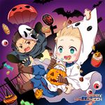  blonde_hair blue_eyes brock_rumlow candy cape captain_america chibi ee0418 food ghost_costume halloween macaron marvel mask mask_on_head parachute scream_(movie) steve_rogers superhero 