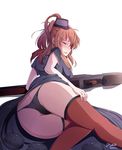  ass black_panties blush breasts brown_hair commentary drum_magazine english_commentary flight_deck from_behind highres jay87k kantai_collection looking_at_viewer looking_back medium_breasts open_mouth panties red_legwear saratoga_(kantai_collection) solo thighhighs underwear 