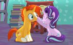  2016 blush book chair cutie_mark duo equine eyewear female feral friendship_is_magic fur glasses grin hair hi_res horn inside male mammal multicolored_hair my_little_pony orange_fur pink_fur shutterflyeqd starlight_glimmer_(mlp) sunburst_(mlp) two_tone_hair unicorn 