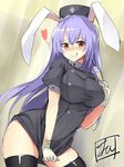  alternate_costume animal_ears black_legwear blush breast_squeeze breasts bunny_ears commentary_request covering covering_crotch dress eyebrows_visible_through_hair gloves hat heart jpeg_artifacts large_breasts licking_lips long_hair naughty_face nose_blush nurse nurse_cap purple_hair red_eyes reisen_udongein_inaba short_dress short_sleeves solo syringe thighhighs tirotata tongue tongue_out touhou white_gloves 