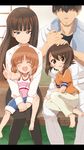  3girls alknasn bangs black_hair blunt_bangs brown_eyes brown_hair closed_eyes faceless faceless_male family father_and_daughter girls_und_panzer highres husband_and_wife long_hair mother_and_daughter multiple_girls nishizumi_maho nishizumi_miho nishizumi_shiho nishizumi_tsuneo shirt siblings sisters sitting smile straight_hair v white_shirt younger 