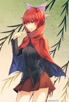  black_blouse blouse bow cape contrapposto hair_bow kaede_(mmkeyy) long_sleeves miniskirt pleated_skirt red_eyes red_hair sekibanki short_hair skirt smile solo standing touhou 