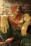  2013 abs anthro biceps boots chest_tuft clothed clothing feline footwear horn lion male mammal muscular pecs red_eyes topless tuft 炎亞_艾力克 