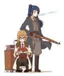  absurdres bangs bespectacled black-framed_eyewear black_footwear black_gloves black_legwear blue_hair bolt_action book_stack boots brown_hair coat commentary_request cosplay fingerless_gloves glasses gloves gun highres kunikida_hanamaru long_hair long_sleeves love_live! love_live!_sunshine!! mosin-nagant multiple_girls necktie pantyhose parted_lips pigeon-toed purple_eyes rainforce read_or_die rifle shoes side_bun simple_background skirt smile squatting standing suitcase tsushima_yoshiko weapon white_background yomiko_readman yomiko_readman_(cosplay) 