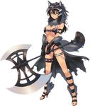  aquaplus armlet armor axe bare_shoulders battle_axe bikini_armor black_hair blue_eyes bou breasts cleavage dark_skin dungeon_travelers_2 full_body fur_trim gloves grisherina_efleanor hat high_heels highres holding holding_weapon large_breasts long_hair looking_at_viewer solo standing thigh_strap transparent_background weapon 