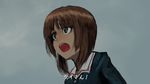  blurry brown_eyes brown_hair commentary furukawa_herzer girls_und_panzer highres military military_uniform nishizumi_miho ooarai_military_uniform open_mouth short_hair sketch sky solo translated uniform upper_body worried 