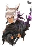  1girl absurdres animal_ears bangs black_gloves black_mage cat_ears closed_mouth cropped_torso dark_skin eyebrows_visible_through_hair facial_mark final_fantasy final_fantasy_xiv gloves haimerejzero highres looking_at_viewer miqo&#039;te short_hair silver_eyes silver_hair slit_pupils solo spoilers staff white_background y&#039;shtola_rhul 