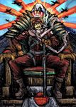  aircraft airplane boots chair cigarette drifters full_body hat highres holding holding_weapon japan kanno_naoshi katana looking_at_viewer male_focus moto_murabito mount_fuji pilot_suit sharp_teeth sheath sitting smile smoking solo sun sword teeth weapon 