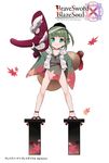  &gt;:) arm_up autumn_leaves bangs blunt_bangs blush brave_sword_x_blaze_soul collarbone company_name copyright_name covered_navel eyebrows eyebrows_visible_through_hair flat_chest full_body geta gourd green_eyes green_hair hair_ribbon hand_on_hip hat highres holding japanese_clothes looking_at_viewer mask morino_donguri no_panties official_art oversized_object pelvic_curtain pom_pom_(clothes) ribbon rope short_hair simple_background smile solo standing tabi tassel teeth tengu_mask tokin_hat v-shaped_eyebrows white_background wide_sleeves 