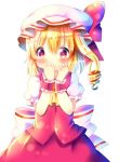  1girl ascot bangs blonde_hair blush bow chocolat_(momoiro_piano) commentary_request covered_mouth eyebrows_visible_through_hair flandre_scarlet hair_between_eyes hands_up hat hat_bow long_hair mob_cap one_side_up puffy_short_sleeves puffy_sleeves red_bow red_eyes red_skirt red_vest ringlets shirt short_sleeves sidelocks simple_background skirt skirt_set solo touhou vest white_background white_bow white_hat white_shirt wrist_cuffs yellow_neckwear 