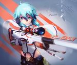  ahoge ai_arctic_warfare aqua_eyes aqua_hair bad_id bad_pixiv_id belt blurry bolt_action counter-strike counter_strike:global_offensive fingerless_gloves frown gloves gun hair_ornament hairclip holding holding_weapon messy_hair qosic rifle scarf short_hair sinon sniper_rifle solo sword_art_online twintails weapon 