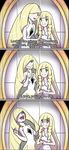  3koma :i artist_request blonde_hair bullying closed_eyes comic crystal dress english evil_smile highres laughing lillie_(pokemon) long_hair lusamine_(pokemon) mirror mother_and_daughter multiple_girls open_mouth parody pokemon pokemon_(game) pokemon_sm reflection shaded_face smile tangled troll_face trolling white_dress 