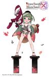  arm_up autumn_leaves bangs blunt_bangs blush brave_sword_x_blaze_soul burnt_clothes collarbone company_name copyright_name crying eyebrows eyebrows_visible_through_hair flat_chest full_body geta gourd green_eyes green_hair hair_ribbon hand_on_hip hat highres holding japanese_clothes looking_at_viewer mask morino_donguri navel no_panties nose_blush official_art oversized_object pom_pom_(clothes) ribbon rope saliva short_hair simple_background solo standing tabi tassel tears teeth tengu_mask tokin_hat torn_clothes white_background wide_sleeves 