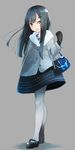  alternate_costume anchor_hair_ornament asashio_(kantai_collection) bag black_gloves black_hair blue_eyes buttons coat comah dress gloves grey_background grey_legwear hair_ornament hairclip kantai_collection long_hair looking_at_viewer mary_janes open_mouth pantyhose shoes smile solo 