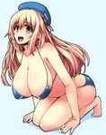  1girl atago_(kantai_collection) bikini blonde_hair blue_bikini blue_eyes blue_swimsuit breasts cap cleavage collarbone female hat huge_breasts kantai_collection kneeling long_hair looking_at_viewer open_mouth shinshin simple_background solo string_bikini swimsuit 