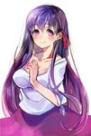  blush breasts cleavage collarbone fate/stay_night fate_(series) hair_ribbon large_breasts long_hair looking_at_viewer matou_sakura purple_eyes purple_hair ribbon shirt simple_background skirt smile solo sunameri_oishii upper_body very_long_hair white_background 