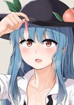  :o bangs black_hat blue_hair blush collarbone commentary_request condom food fruit hat heavy_breathing hinanawi_tenshi leaf long_hair momoiro_lettuce open_clothes open_mouth open_shirt peach red_eyes shirt sidelocks solo sweat touhou upper_body used_condom white_shirt 