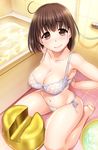  ahoge arms_behind_back bath_stool bathtub breasts brown_eyes brown_hair cleavage covered_nipples hijiri_tsukasa large_breasts looking_at_viewer navel original panties see-through side-tie_panties smile solo stool underwear underwear_only undressing water 