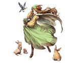  animal basket bird boots brown_hair bunny dress flower full_body granblue_fantasy hat holding jasmine_(granblue_fantasy) knee_boots long_hair looking_at_viewer looking_back minaba_hideo open_mouth smile squirrel transparent_background 