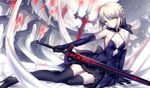  artoria_pendragon_(all) black_legwear blonde_hair bow braid breasts candle dark_excalibur dark_persona dress elbow_gloves fate/grand_order fate/stay_night fate_(series) french_braid gloves gothic_lolita hair_bow kousaki_rui lolita_fashion pale_skin saber_alter sitting small_breasts solo sword thighhighs weapon 