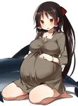  alternate_costume barefoot benjamin_button_suukina_jinsei big_belly blush bow breasts brown_hair contemporary cookie_(touhou) d: dolphin dress empty_eyes hair_bow hakurei_reimu hands_on_own_stomach highres jewelry large_breasts long_hair looking_at_viewer maternity_dress necklace open_mouth orange_eyes pregnant ring sananana seiza sitting solo touhou wedding_band 