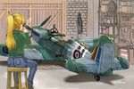  aircraft airplane artist_name aviator_girls back blonde_hair boots camouflage chair commentary cup dated denim drinking from_behind garage hair_ornament highres holding holding_cup indoors jeans long_hair long_sleeves original pants ponytail propeller sitting solo spitfire_(airplane) steam sweater tokihama_jirou turtleneck turtleneck_sweater 