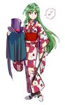  bangs checkered checkered_kimono closed_mouth eighth_note eyebrows eyebrows_visible_through_hair floral_print full_body green_hair hair_between_eyes hat highres holding japanese_clothes karaori kazami_yuuka kazami_yuuka_(pc-98) kimono long_hair long_sleeves looking_at_viewer musical_note obi print_kimono purple_hat red_eyes sash shoes simple_background smile solo speech_bubble spoken_musical_note standing top_hat touhou very_long_hair white_background yukata 