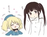  2girls alternate_hairstyle atago_(kantai_collection) black_eyes black_hair blonde_hair blush closed_eyes flying_sweatdrops hat heart kantai_collection little_girl_admiral_(kantai_collection) long_hair long_sleeves migu_(migmig) military military_uniform multiple_girls naval_uniform open_mouth translated twintails twitter_username uniform younger 