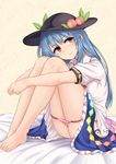  bangs bare_legs barefoot black_hat blue_hair blue_skirt blush closed_mouth commentary_request food frilled_skirt frills from_side fruit hat hinanawi_tenshi knees_up leaf leg_hug long_hair looking_at_viewer looking_to_the_side momoiro_lettuce nose_blush panties panty_pull peach pink_panties puffy_short_sleeves puffy_sleeves pussy_juice rainbow_order red_eyes shirt short_sleeves sidelocks sitting skirt smile solo touhou translation_request underwear white_shirt 