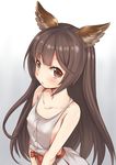  animal_ears arched_back arms_at_sides aster_(granblue_fantasy) bare_shoulders breasts brown_eyes brown_hair collarbone covered_nipples dress erune from_above granblue_fantasy hair_between_eyes highres long_hair looking_at_viewer no_bra open_mouth piano-alice simple_background sleeveless sleeveless_dress small_breasts solo upper_body white_dress 