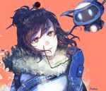  brown_eyes brown_hair coat eyewear_removed frown_(wonderland85711) fur_trim glasses gloves hair_bun hair_ornament looking_at_viewer mei_(overwatch) overwatch parka short_hair signature snowball_(overwatch) upper_body winter_clothes 