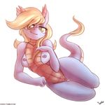  2016 anthro areola blonde_hair breasts clip_clop dragon female hair hand_on_breast hi_res horn long_hair looking_at_viewer my_little_pony nipples nude pussy scalie simple_background solo white_background 