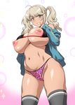  ahoge animal_print aqua_jacket areolae bikini black_bikini black_pubic_hair blue_eyes blush breast_suppress breasts ecchi_na_onee-chan_ni_shiboraretai furrowed_eyebrows grey_legwear grin groin gyaru highres hips huge_breasts huge_nipples jacket joy_ride large_areolae leopard_print long_hair looking_at_viewer mismatched_pubic_hair mole mole_under_eye navel nipple_slip nipples open_clothes open_jacket open_track_jacket original panties platinum_blonde_hair pubic_hair pubic_hair_peek puffy_nipples purple_panties smile solo source_request sparkle swimsuit thighhighs track_jacket twintails underwear 