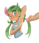  1girl armpit_sex armpits dark_skin flower green_eyes green_hair hair_flower hair_ornament kumogamikirby mao_(pokemon) npc_trainer penis pokemon pokemon_(game) pokemon_sm showing_armpits spread_armpit trial_captain twintails v 