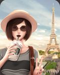  absurdres artist_name bangs black_hair black_lipstick blue_sky closed_mouth coffee commentary cup day drinking_straw eiffel_tower fingernails grey_eyes grey_shirt highres holding holding_cup horizontal_stripes jewelry landmark lips lipstick looking_at_viewer lulybot makeup nail_polish nose original outdoors paris parted_bangs parted_lips pearl_earrings purple_nails ring rounded_corners shirt short_hair sky solo starbucks strap striped striped_shirt sunglasses upper_body v 