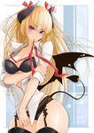  1girl bangs bat_wings black_bow black_bra black_legwear black_panties blonde_hair blush border bow bra breasts cleavage collared_shirt contrapposto cowboy_shot demon_girl demon_horns demon_tail demon_wings eyebrows eyebrows_visible_through_hair eyelashes fingernails garter_belt hair_ribbon hand_on_own_arm head_tilt highres holding_arm horns lace large_breasts lips long_hair looking_at_viewer mouth_hold neck_ribbon no_pants open_clothes open_shirt original outside_border panties purple_eyes red_ribbon ribbon ribbon_in_mouth sharp_fingernails shirt sleeves_rolled_up solo standing succubus tail thighhighs two_side_up underwear untied white_border white_shirt wings 