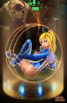  1girl 2boys adapted_costume artist_name ball_gag blonde_hair blue_eyes breasts chozo gagged lips looking_at_viewer metroid multiple_boys nintendo nipples ponytail pussy restrained samus_aran teeth thigh_boots uncensored zero_suit 