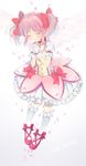  absurdres angel_wings bubble_skirt choker closed_eyes collarbone dress full_body gloves hair_ribbon hands_clasped highres interlocked_fingers kaname_madoka kneehighs magical_girl mahou_shoujo_madoka_magica md5_mismatch own_hands_together petals pink_hair puffy_short_sleeves puffy_sleeves ribbon short_sleeves skirt smile solo soul_gem twintails white_gloves white_legwear wings yumesaki 