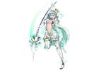  alp armpits cape crown dress elbow_gloves eucharis_(flower_knight_girl) flower_knight_girl full_body gloves green_eyes green_hair hair_ornament holding holding_weapon lance long_hair navel open_mouth polearm short_dress solo thighhighs transparent_background weapon zettai_ryouiki 