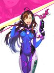  ;d acronym ahoge animal_print artist_name ass_visible_through_thighs bangs bodysuit bracer breasts breasts_apart brown_eyes brown_hair buck_teeth bunny_print character_name charm_(object) clothes_writing contrapposto covered_navel covered_nipples cowboy_shot d.va_(overwatch) facepaint facial_mark finger_on_trigger glint gloves gun hair_flip hand_in_hair handgun hands_up headphones high_collar holding holding_gun holding_weapon legs_together long_hair long_sleeves looking_at_viewer medium_breasts one_eye_closed open_mouth overwatch pauldrons pilot_suit pistol ribbed_bodysuit shoulder_pads signature simple_background skin_tight smile solo standing swept_bangs teeth thigh_gap thigh_strap turtleneck very_long_hair weapon whisker_markings white_background white_gloves xxinainaxx zoom_layer 