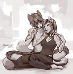  canine clothed clothing duo ear_piercing feline female fur hair hand_holding male male/female mammal monochrome open_mouth piercing sitting sketch smile tsukinori 