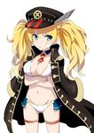  :o bandage_on_face bikini black_hat blonde_hair blue_eyes blue_skirt blush breasts cleavage coat crossed_arms detached_collar eyebrows eyebrows_visible_through_hair gochou_(atemonai_heya) granblue_fantasy hat hips large_breasts long_hair looking_at_viewer military_hat monica_weisswind navel necktie open_mouth peaked_cap pleated_skirt red_neckwear ribbon showgirl_skirt simple_background skirt solo swimsuit thigh_strap thighs twintails v-shaped_eyebrows wavy_hair white_background white_bikini 