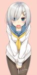  :o black_legwear blue_eyes blush clothes_tug commentary covering covering_crotch cowboy_shot hair_ornament hair_over_one_eye hairclip hamakaze_(kantai_collection) kantai_collection looking_at_viewer neckerchief pantyhose sailor_collar school_uniform serafuku short_hair signature silver_hair solo sweater sweater_tug takayaki v-shaped_eyebrows v_arms yellow_neckwear 