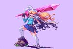  abysswolf adventure_time animal_hood belt blonde_hair bunny_hood cape fionna_the_human_girl full_body genderswap genderswap_(mtf) hair_blowing hand_on_hip hood kneehighs long_hair over_shoulder pixel_art purple_background skirt solo standing sword sword_over_shoulder torn_cape torn_clothes torn_skirt weapon weapon_over_shoulder wrist_guards 