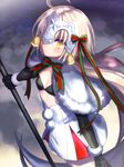  bad_id bad_pixiv_id black_gloves blonde_hair blush breasts capelet cleavage elbow_gloves fate/grand_order fate_(series) gloves helmet holding jeanne_d'arc_(fate)_(all) jeanne_d'arc_alter_santa_lily long_hair looking_at_viewer ofstan small_breasts snowing solo very_long_hair white_capelet yellow_eyes 